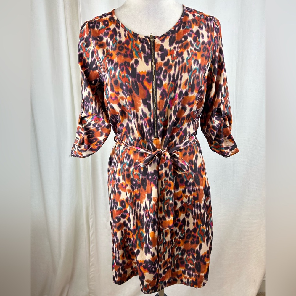 Bar III Orange Multicolor Leopard-Print Zip-Front‎ Tie-Waist Mini Dress